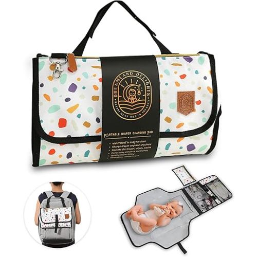 Cute Print Portable Baby Diaper Changing Pad, Waterproof Travel Changing Mat with Pockets for Wipes Sacks & Diapers, Foldable Lightweight Station for Newborns & Toddlers
