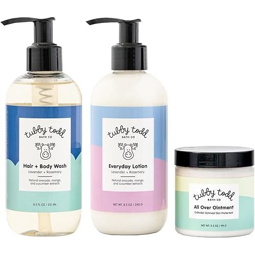 Tubby Todd Regulars Bundle - 3-Step Baby Skincare Routine - 8.5oz Baby Shampoo and Body Wash, 8.5oz Everyday Lotion & 3.5oz All Over Ointment Baby Eczema Cream - For Everyday Use - Lavender Rosemary
