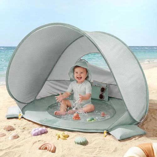Tiny Land Baby Beach Tent with Pool & UV Protection Pastel Aqua | Large 47" x 31" x 35" Pop-up Baby Tent with 3 Sand Pockets, Easy Folding, and Portable Carry Bag for Beach Trips