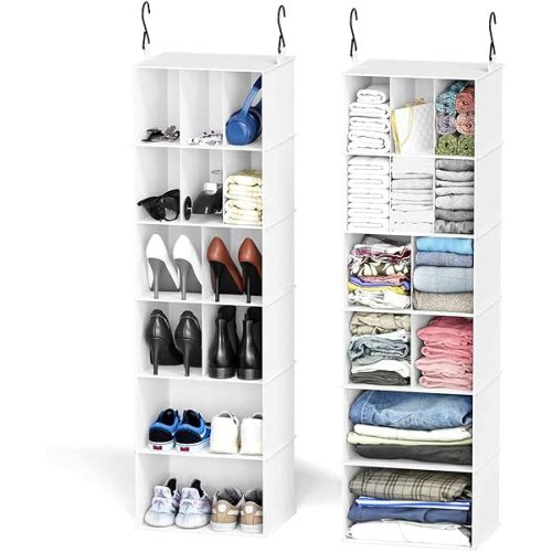 SpaceAid 2 Pack Hanging Closet Organizer and Storage with Dividers, 24 Compartments Hanging Shoe Shelves for Closet, Wardrobe, RV, Garment Rack - White