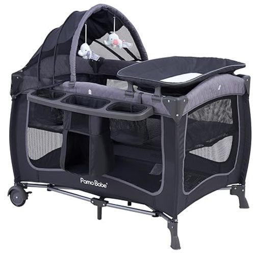 Pamo Babe Corral para bebés con dosel, cuna portátil con cambiador