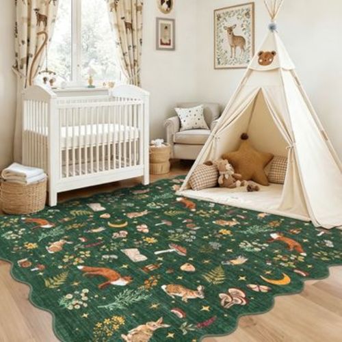 4'x6' Scalloped Woodland Animal Washable Area Rug, Cute Fox Rabbit Carpet Foldable Stain Resistant Floor Cover for Bedroom Nursery Playroom