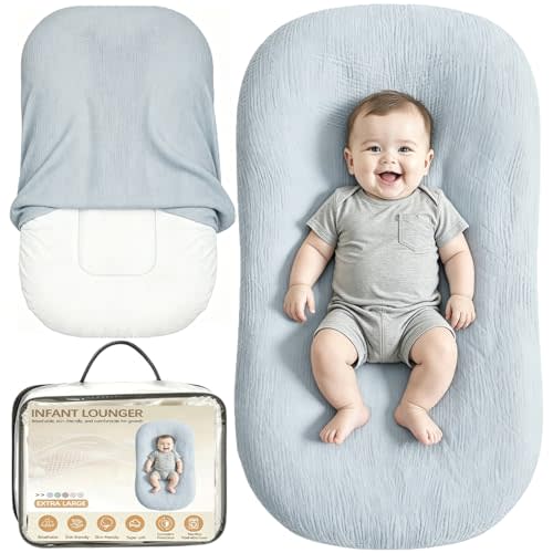 Infant Support Cushion, Extra Large Muslin Baby Lounger for Newborn, Portable Breathable Soft Newborn Support Pillow for Home Travel, Includes 1 Lounger+ 1 Replacement Cover, Gray