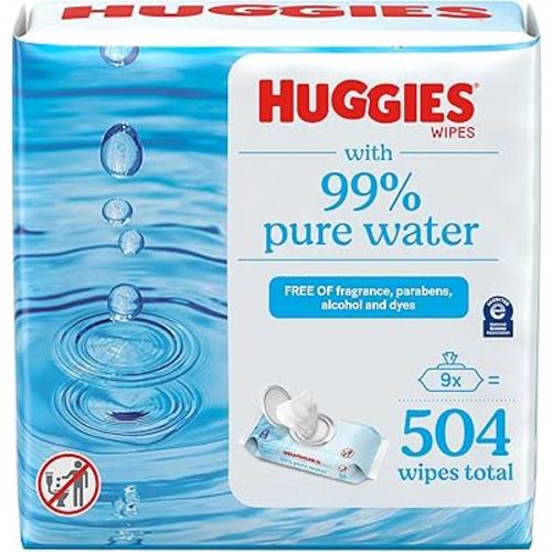 Huggies 99% Pure Water Baby Wipes, Unscented, 9 flip-top packs (3 Packs of 3), 504 Wipes Total, Packaging May Vary