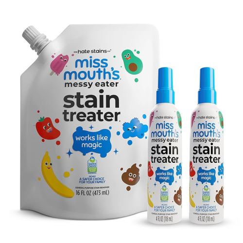 Miss Mouth’s Messy Eater Stain Treater Refill Ready Kit - 2 Pack Stain Remover Spray and 16oz Refill Pouch - Newborn & Baby Essentials - Food, Grease, Coffee Off Laundry, Underwear, Fabric