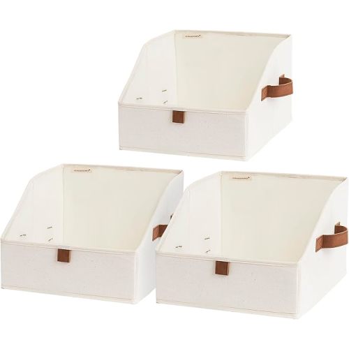 StorageWorks Closet Storage Bins, Trapezoid Organizer Box for Shelves, Fabric Clothes Bin, Foldable Organizing Baskets with Handles, Small, Ivory White, 3-Pack