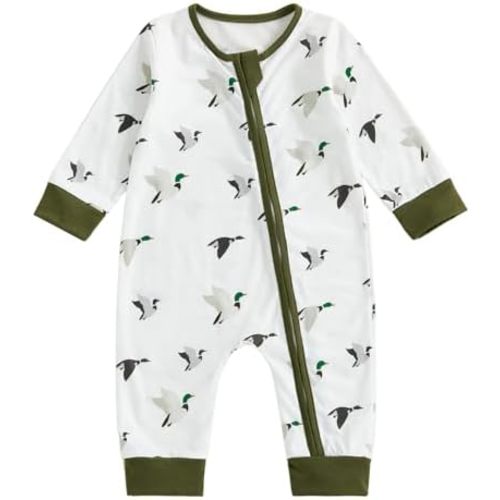 Biayxms Infant Baby Boy Girl Mallard Duck Romper Jumpsuit Long Sleeve Zip Up Duck One Piece Overalls Hunting Baby Clothes