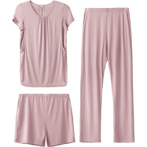 SUNNYBUY Womens Maternity Nursing Pajamas Set, Short Sleeve Breastfeeding Shirts，Pregnancy Shorts & Pants 3 Piece Nursing PJS