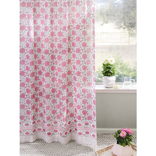 Pink Floral Sheer Curtain, Romantic Curtain Panels, Indian Block Printed Curtains, Window Treatments, Saffron Marigold ~ Dahlia Daydreams