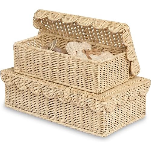 BEBE BASK Handwoven Stackable Decorative Storage Boxes with Lids, Set of 2 (14 × 8 × 4 in) – Scalloped Wicker Basket for Home Decor – Baby Keepsake Box & Memory Box for Keepsakes for Nursery