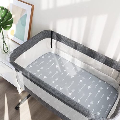 Baby Bassinet Sheets 4 Pack Compatible with Maxi COSI Iora, Koolerthings/Koola Baby, BabyBond, Nordmiex 3 in 1, Mereryi and IKOMZY Bedside Bassinet, Ultra Soft & Skin-Friendly, Grey Print