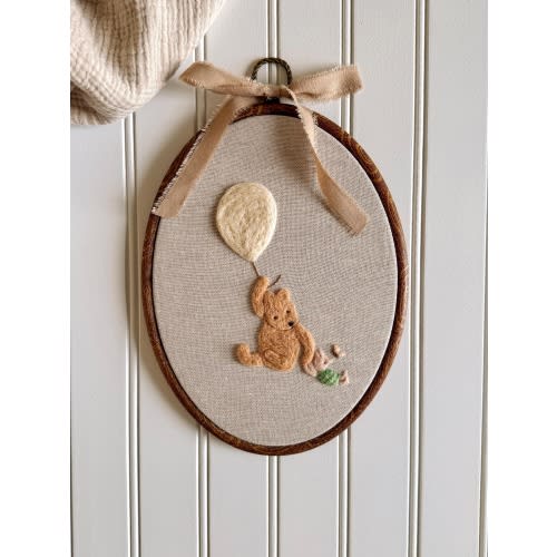 Vintage Pooh Inspired Nursery Decor, Personalized Pooh Bear Hoop Art, Neutral Baby Nursery Wall Decor, Heirloom Needle Felt Nursery Decor