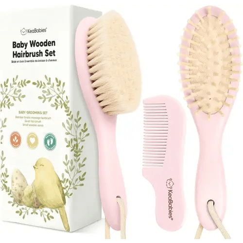 Baby Hair Brush and Comb Set for Newborn - Wooden Baby Hair Brush Set with Soft Goat Bristle, Baby Brush Set for Newborns, Baby Brush and Comb Set Girl, Boy, Toddler Cradle Cap Brush (Oval, Blush)