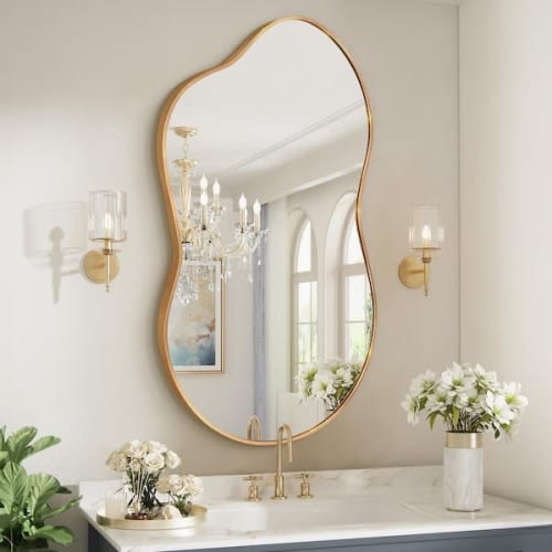 36 in. W. x 20 in. H Irregular Gold Aluminum Alloy Framed Wall Mirror Asymmetrical Wall Mirror