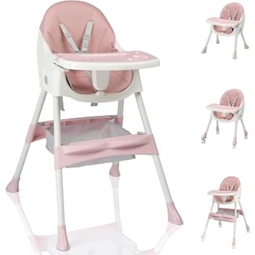 Ktaxon Foldable Baby High Chair, 2-in-1 Portable Convertible Highchair with 5-Point Safety Harness, Easy to Clean Tray and Storage Bag for Toddlers & Babies, Pink