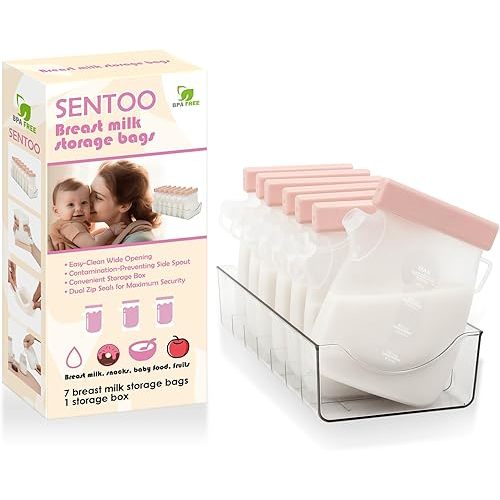 7 Pcs Breastmilk Storage Bags with a Fridge Organizer Bin, Reusable Breastfeeding Essentials, 11oz/320ml Double Leak-Proof Breastmilk Freezer Bags for Breastfeeding, Postpartum Essentials