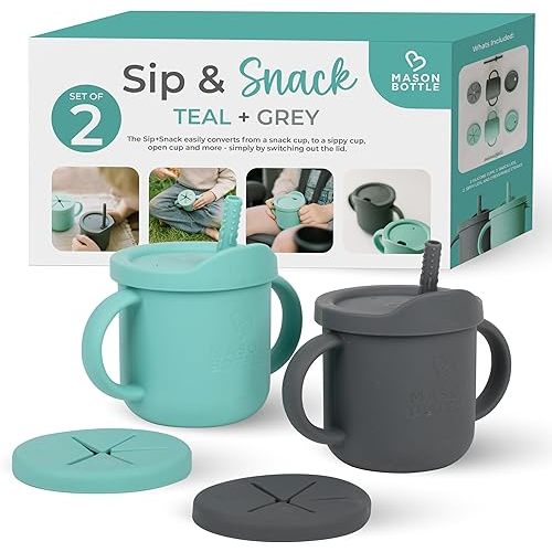 Mason Bottle Baby Training Cups (2-Pack) - Silicone Baby Cup with Straw - Snack Cups for Toddlers Spill Proof w/Lid & Handle - Dishwasher-Safe, BPA-Free, Non-Toxic Silicone Sippy Cups