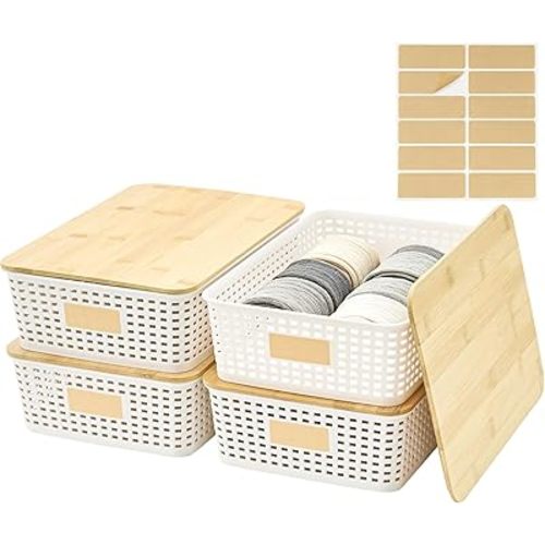 Bagnizer 4 Pack Plastic Storage Bins with Bamboo Lids, 6.2qt Stackable Storage Organizer Box with Lable for Pantry Shelves Drawers Desktop Office, 12"L x 8.5"W x 3.5"H, Cream White