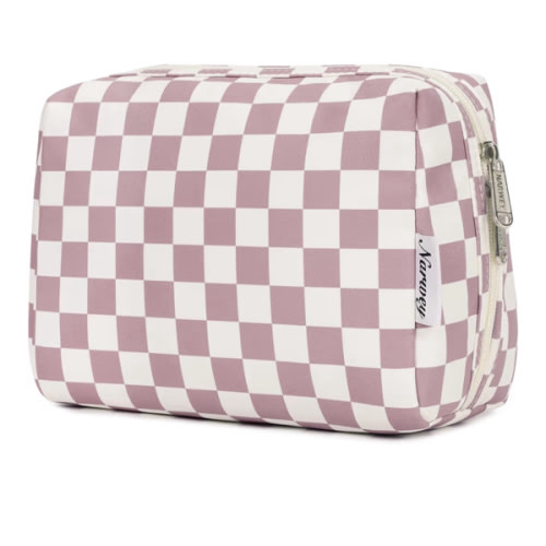 Narwey Checkered Makeup Bag Pink Travel Cosmetic Bag Organizer Toiletry Bag Make Up Bags with Compartments for Women Girls (Large, Dusty Rose Checkerboard)