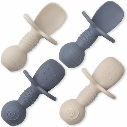 Ginbear Platinum Silicone Baby Spoons Self Feeding 6 Months First Stage, Non Toxic Infants Led Weaning Utensils for Training, BLW Supplies Pack of 4 (Cool Gray/Ivory)