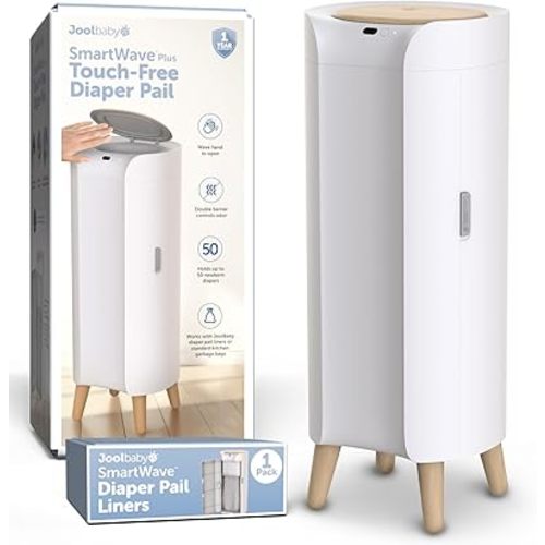 Jool Baby SmartWave Plus Diaper Pail & Refill – Motion Sensing Lid with Odor Lock – Compatible with Regular Trash Bags – Holds up to 50 Newborn Diapers
