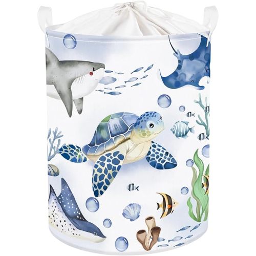 Clastyle 45L Large Blue Sea Animals Turtle Kid Laundry Hamper with Handle Collapsible Whale Shark Clothes Toy Storage Basket with Lid for Nursery