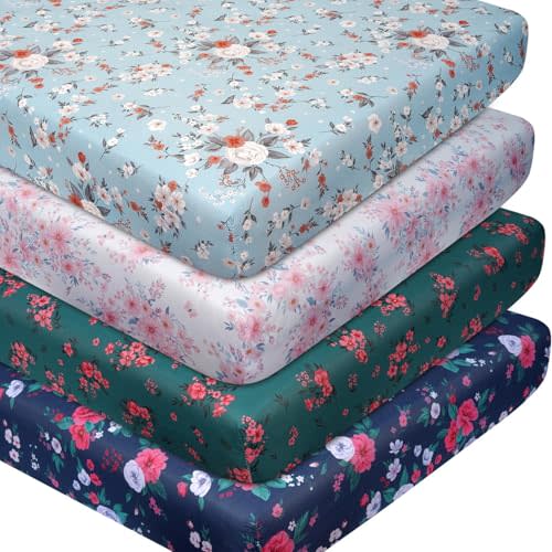 Floral Pattern Crib Sheets Neutral, 4 Pack Fitted Crib Sheets 28 x 52 Inches, Soft Breathable Microfiber Baby Crib Mattress Sheets for Boys & Girls, Standard Crib & Toddler Bed Mattress Cover