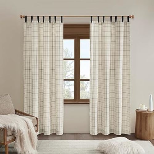 Madison Park Anaheim Cabin Plaid Curtain Window, Thermal Insulated Fleece Lining, Living Room Decor Room Darkening Drape for Bedroom, 1-Single Panel Pack, 50" x 84", Faux Leather Tab, Natural