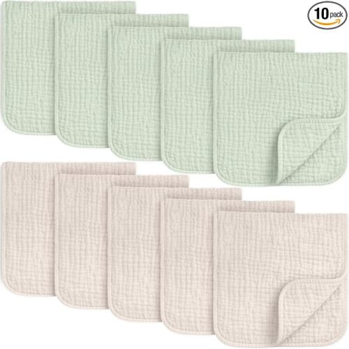 KeaBabies Organic Muslin Burp Cloths Baby Boy, Girl – 10-Pack 100% Cotton Muslin Burping Cloths for Babies, Newborn, 21x10 Large & Absorbent Spit Up Rags, Baby Washcloth, Infant Towels (Sage)