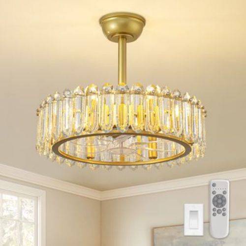 Ludomide Modern Crystal Caged Ceiling Fan, 20" Gold Luxury Crystal Round Bladeless Chandelier Fan Light with Remote