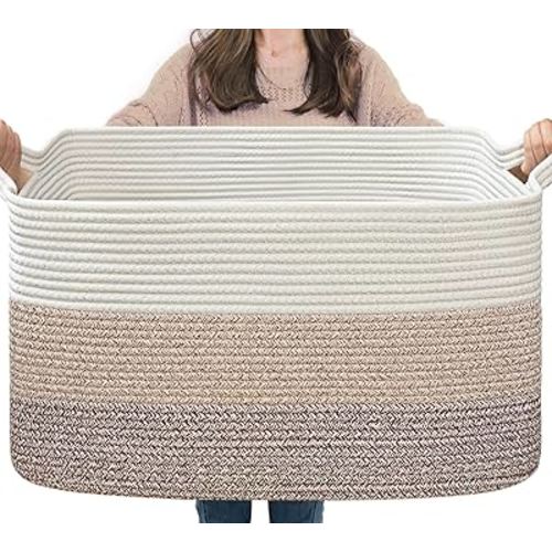 Goodpick Storage Basket, 21.6" x 14.9" x 11.8", Blanket Basket for Living Room, Large Woven Basket for Clothes, Toy Baskets for Organizing, Rectangle Rope Baskets for Storage, Light Brown