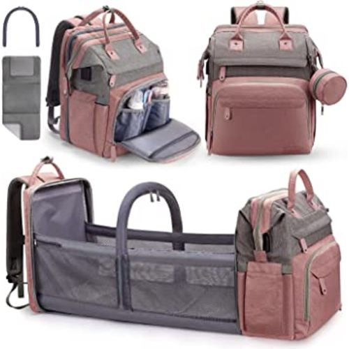 DERJUNSTAR Baby Diaper Bag Backpack, Diaper Changing Station, Baby Bags for Boys Girls,Waterproof Changing Pad,USB Charging Port,Pacifier Case, Sunshade and Toy Bar, Pale Pink