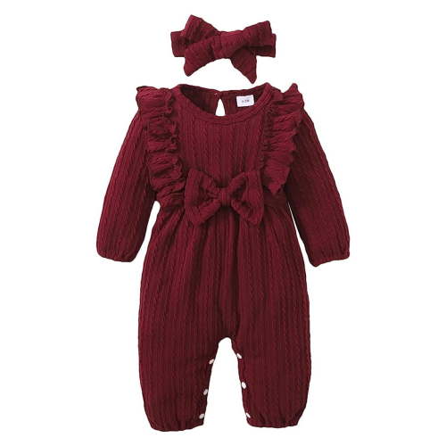 Younger Tree Baby Girl Romper Infant Fall Winter Clothes Ruffle Sweater Long Sleeve Bodysuit Jumpsuit and Headband for 3-6 Months