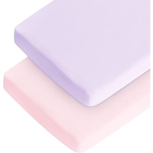 Crib Sheets Girl, Baby Crib Sheets for Standard Crib Mattress & Toddler Bed Mattress, Snug Fit Breathable Soft Fitted Crib Sheet (28''x 52''x 8''), Crib Sheets for Baby Girl 2 Pack Pink & Violet