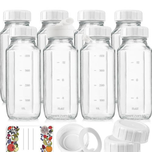 Amazon.com: 8 Pack 16 Oz Reusable Glass Milk Bottles w 100% Airtight Heavy Duty SCREW Lid w Silicone Gasket - Glass Juice Bottles w Capacity Mark - Glass Beverage Drinking Jar Juice Container(Extra 2 Lid) : Home & Kitchen