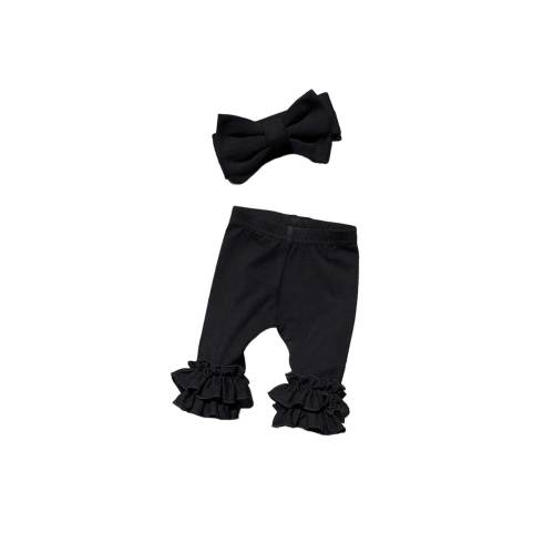 Black FLARE newborn leggings and bow headband set, Double ruffle newborn leggings, newborn ruffle leggings, stretchy knit ruffle icings