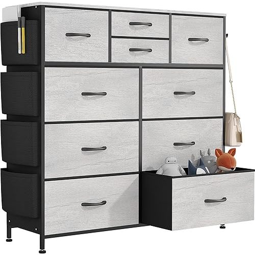 Lulive 10 Drawers Dresser for Bedroom, Chest of Drawers with Side Pockets and Hooks, PU Storage Dresser, Organizer Unit for Living Room, Hallway, Closet (Oakl)