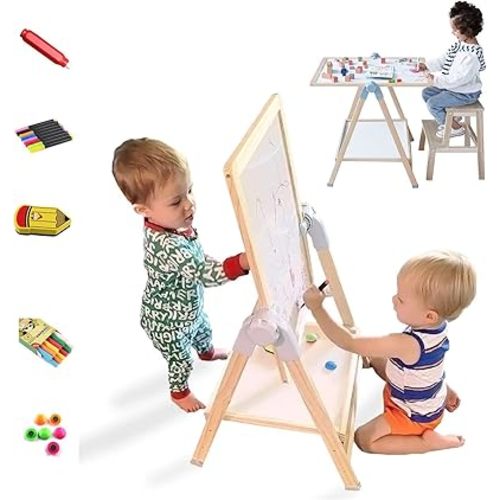 QZMTOY Kids Art Easel, Deluxe Standing Easel Set, Adjustable Art Table, Dry Erase Board&Chalkboard Double Sided Stand, 360°Rotating Drawing Easels with Art Supplies, Adjust Height 28-39in