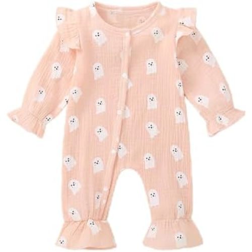 Sasaerucure Infant Baby Girl Halloween Clothes Long Sleeve Ghost Onesie Newborn Baby Girl Smocked Bubble Romper Ruffle Outfit