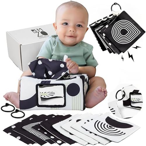 Baby Tissue Box Toy 3-in-1 w/ 10 Hanging Baby Crinkle Paper and Baby Tummy Time Mirror - High Contrast Baby Toys for Newborn - Sensory Montessori Magic Tissue Box Baby Toy - Crinkle Books for Babies