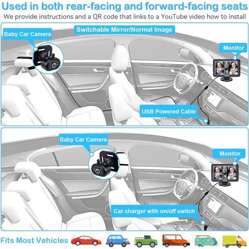 Baby Car Camera 5-Inch USB - Plug&Play HD 1080P Easy Install Backseat/Carseat Camera with Monitor Rear Facing Safety Crystal Night Vision 360° Rotating View for Two Kids