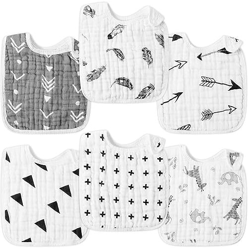 Zainpe 6Pcs Snap Muslin Bibs for Boys Girls Cotton Baby Bibs Machine Washable Adjustable Unisex Burp Cloths with 6 Absorbent Soft Layers for Newborns Toddlers Infants 3 to 36 Months Drooling Teething