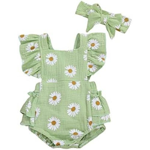 Infant Baby Girl Summer Outfit Clothes Sleeveless Smocked Cotton Linen Romper with Headband