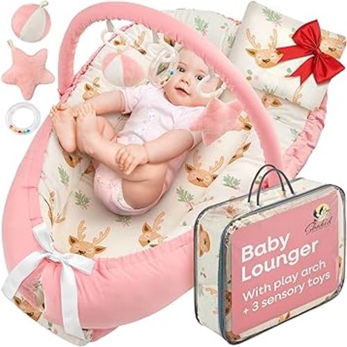 Portable Baby Lounger for Newborn w/Removable Arch & 3 Toys - Infant Lounger w/ 38% More Protection - Comfort, Breathable and Soft Floor Dock a Tot for Home and Travel | 0-24 (Pink)
