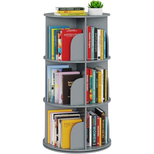 SpaceAid 3 Tier Rotating Bookshelf Tower, Spinning Bookcase Lazy Susan, Revolving 360 Book Shelf Storage Round Carousel, Vertical Rotate Turning Spiral Corner Organizer, Gray