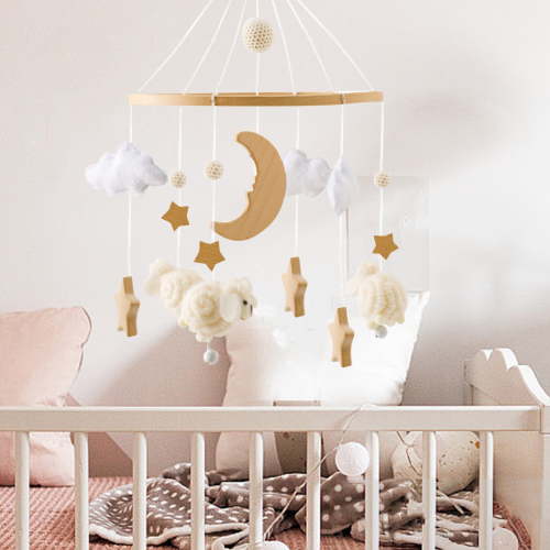 Hanging Rotating Toys Bed Bell for Baby Crib, Felt Sky Bed Bell Hanging, Hangable Wood Bassinet Mobile Crib with Felt Balls, 3D Clouds Stars & Moon Wind Chime Crib Mobile Decor (without Arm)