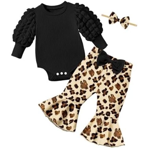 NAPU Baby Girl Clothes Long Sleeve Romper 3Pcs Baby Girl Outfits Flare Pants Set with Headband Fall Baby Girl Winter Clothes