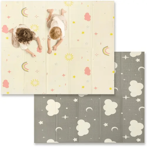 Extra Large Foldable Play Mat, Reversible Baby Play Mat, Non-Toxic & Waterproof Baby Mat for Floor, Foam Play Mat with Travel Bag for Infants Toddlers Tummy Time, Rainbow, Cloud & Moon, 71x59 inches