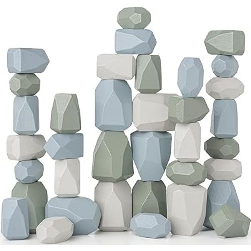 Comfy Cubs Stacking Rocks 36 Pieces, 36 Months+, Educational Toddler Stacking Blocks, Promotes Imagination, Balance & Fine Motor Skills - Wooden Rocks Sensory Toys Gift for Kid, Boy Pack