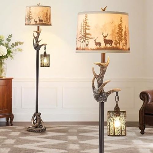 Rustic Deer Antlers Floor Lamps with Forest-Style Nightlight Finish Shade Lamps, Vintage Farmhouse Antlers Floor Lamp for Living Room Bedroom Office Study House (Bulbs Included)